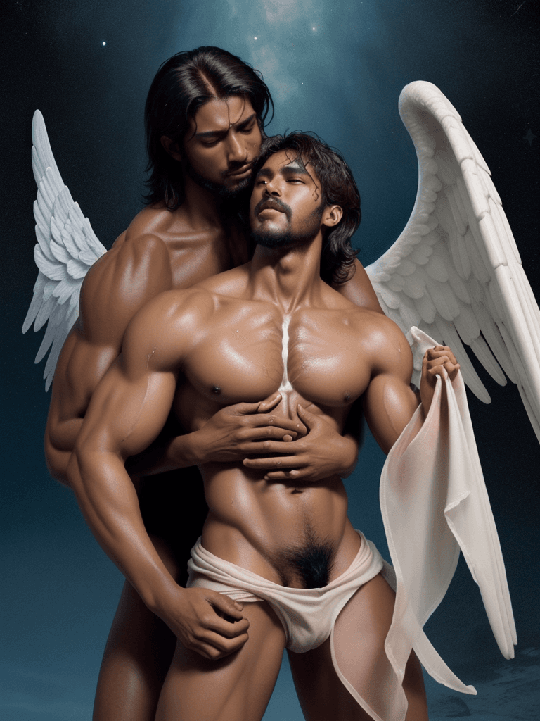 AI generated: a ((tarot card)) depicting ((a brown skin Archangel)), as ((one fully bare big muscular male beast))...