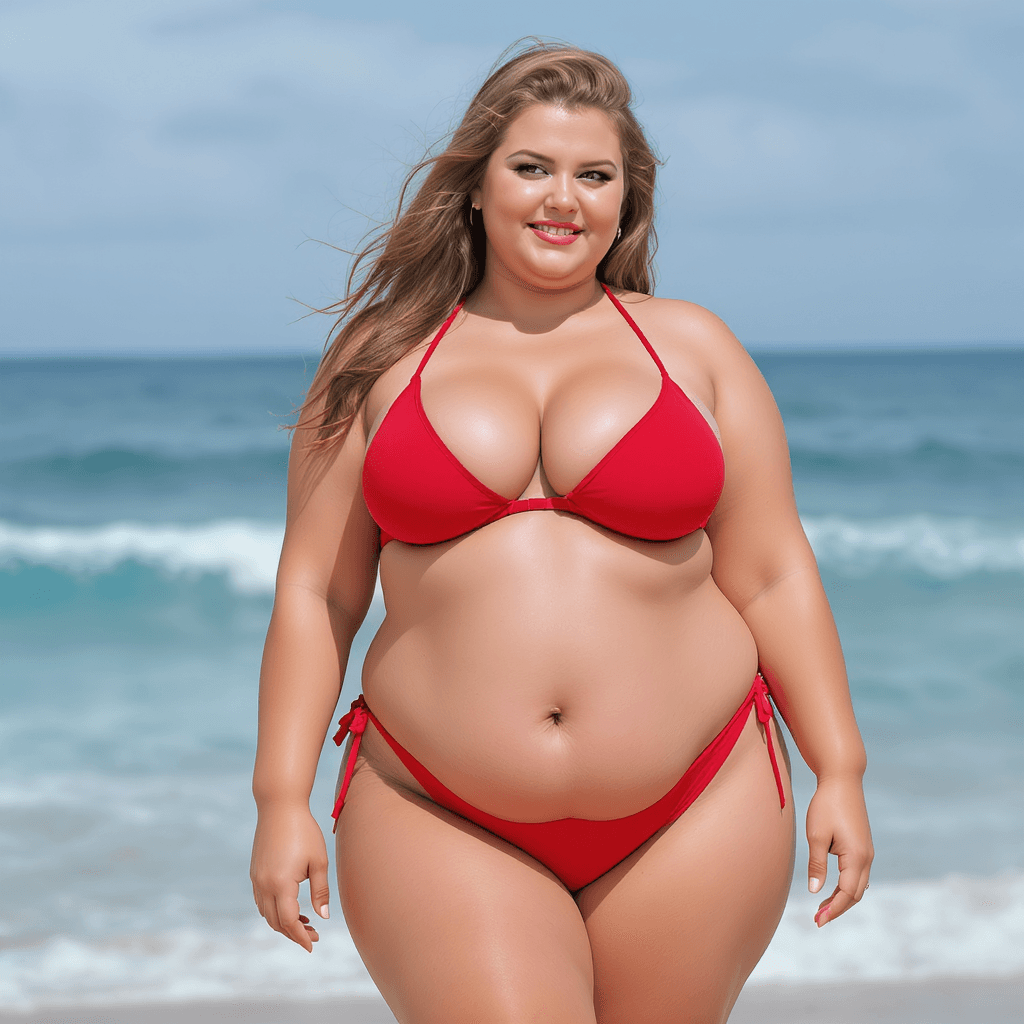 AI generated: A chubby curvy bikini model posing for a picture 
A knee level portrait.
Red colour two piece biki...