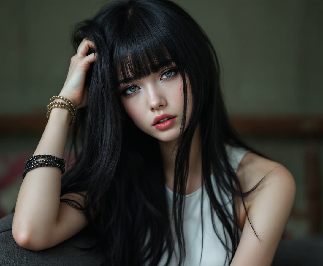 AI generated: SFW, Blowout Long Dark Hair, perfecct face, Skinny body, abs, detailled face, white latex, form-fitt...