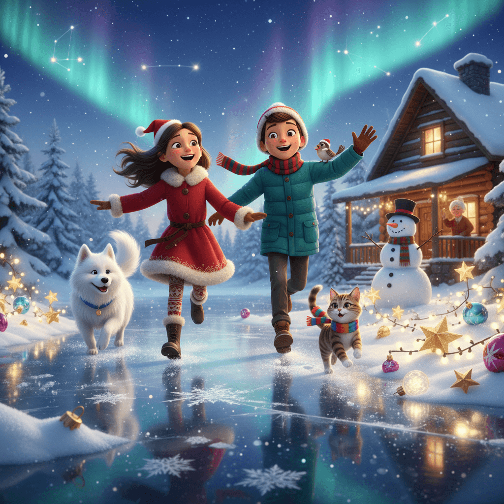 AI generated: A magical, heartwarming winter scene in a modern USA animated Christmas style, featuring a cheerful ...
