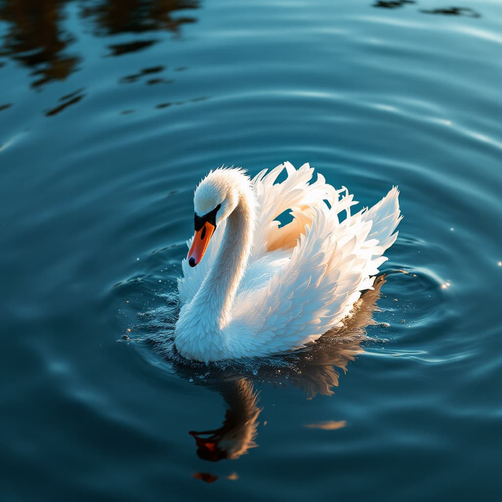 AI generated: Photorealistic extreme wide-angle lens, breathtaking overhead shot of a (White Swan gliding on still...