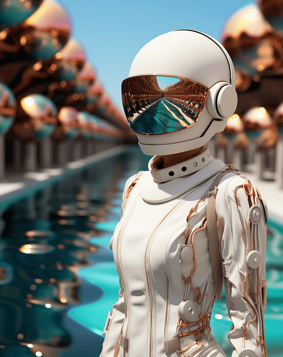 AI generated: beck tyler ad woman in a white outfit standing near a turquoise water, in the style of colorful futu...
