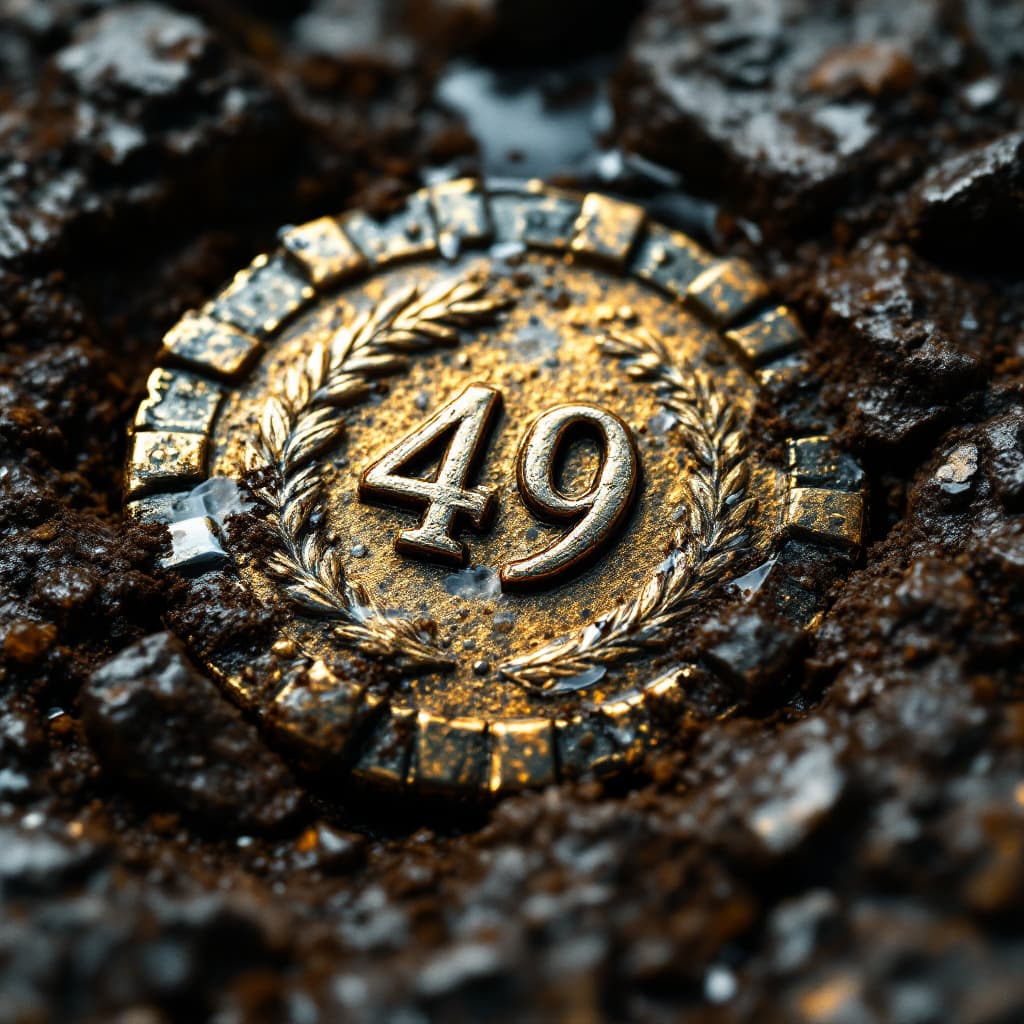 AI generated: 49.	3D close-up of an ancient coin embedded in rocky soil, half-revealed by rain --v 7 --style hidde...