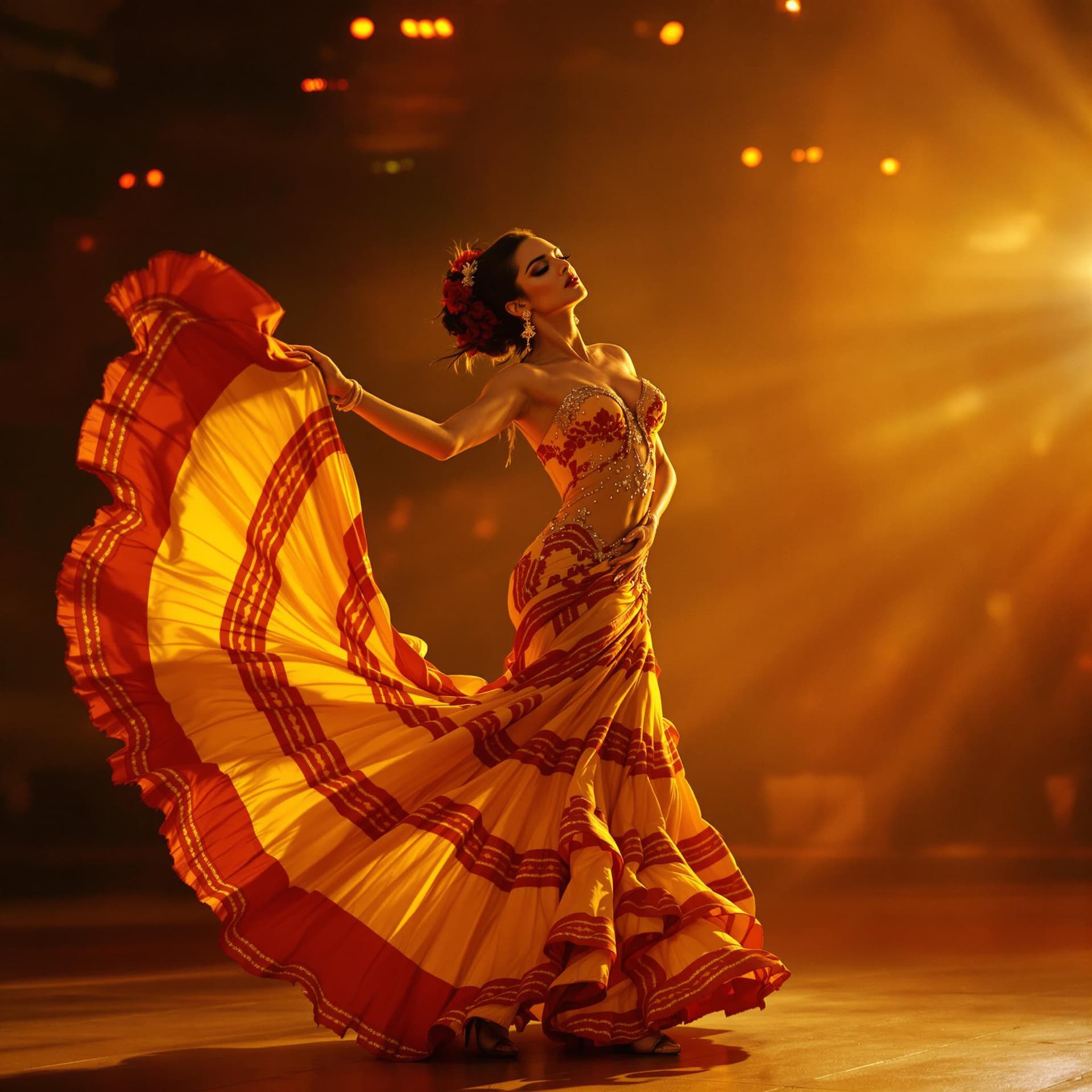 AI generated: photo of Penélope Cruz, in a Spanish flamenco dance floor, passionate Indian beauty, flamenco dancer...