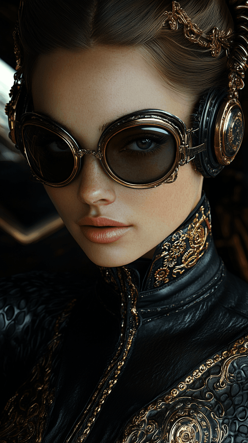 AI generated: A close-up of an aristocratic French woman wearing black and gold sunglasses, in the style of dark f...
