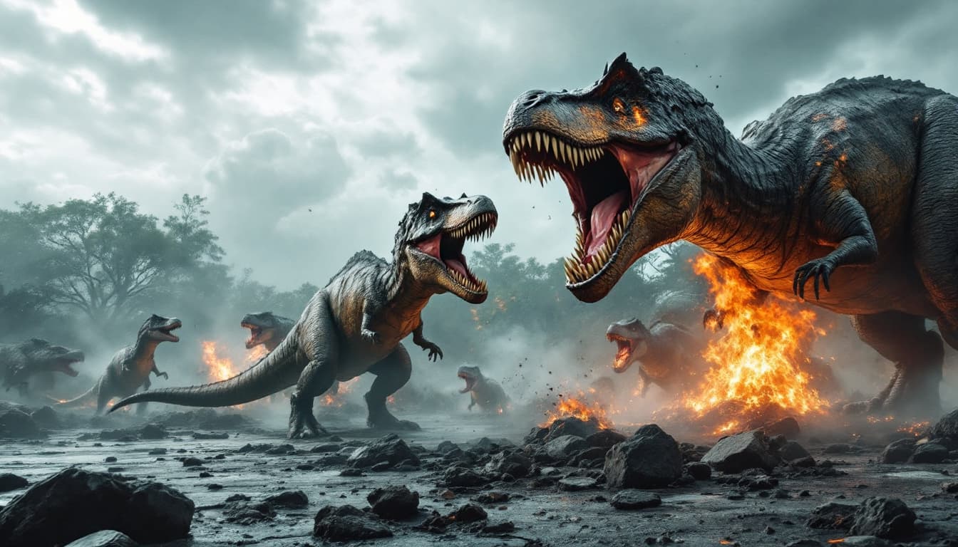 AI generated: a pack of dinosaurs attacking Tugu Jogja, Indonesia