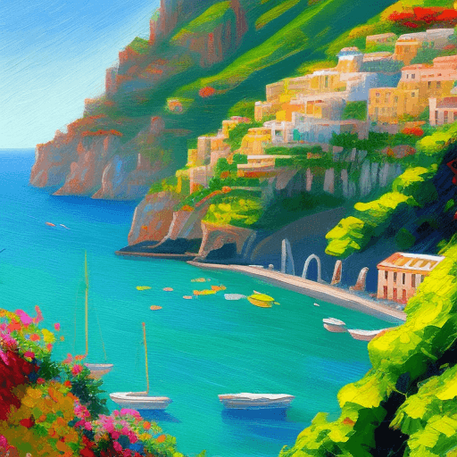 AI generated: amalfi coast, oil painting, impressionist style, sunny day, colorful buildings and domes overlooking...
