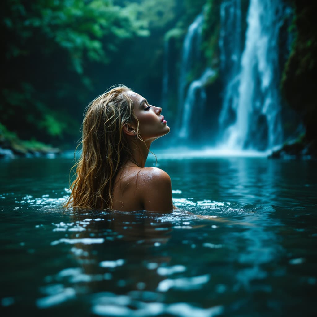AI generated: closeup, woman, blonde hair, long hair, wet hair, swimming in a pond under a tropical waterfall, mis...