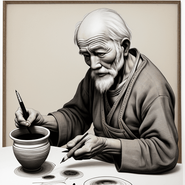 AI generated: Drawing of a old man pottery worker, on pen painting, delicate ink lines, meticulous precision, whit...