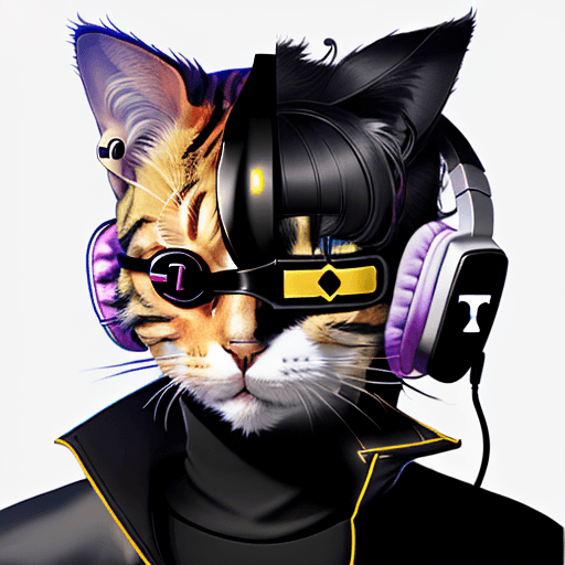 AI generated: High quality logo of tech cat from future, wearing eye patch and headphone on its ears. smooth curve...