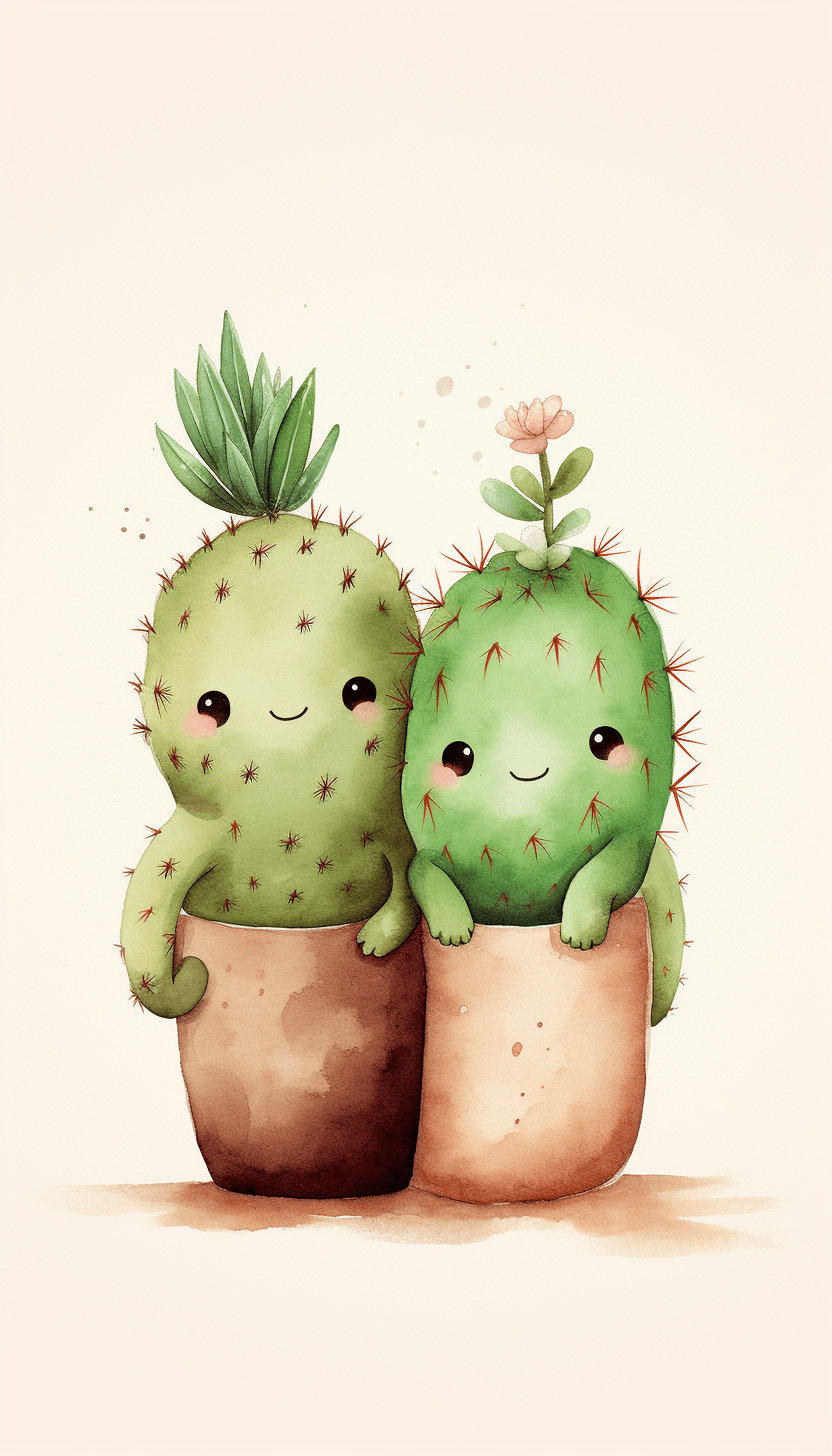 AI generated: Illustration of two cute cactuses hugging, Proportion, Minimal dreamy background, Solarpunk theme, A...