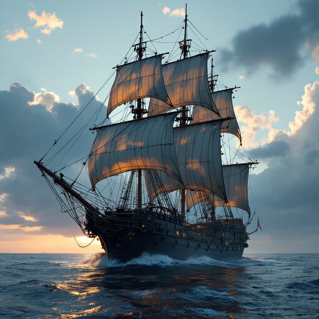 AI generated: Photo of a ultra realistic sailing ship, dramatic light, pale sunrise, cinematic lighting, battered,...
