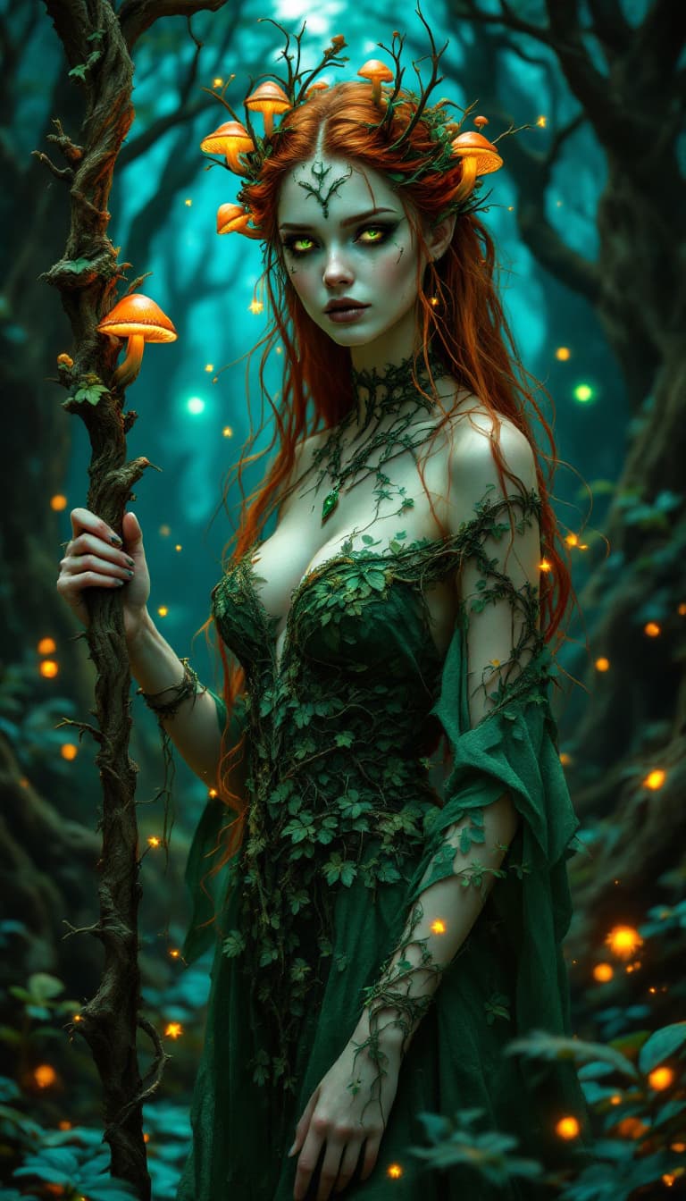 AI generated: An ultra-realistic, full-body static image of a forest dryad woman, radiating an alluring but danger...