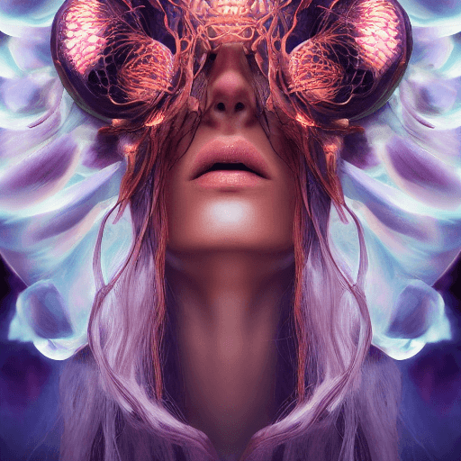 AI generated: Goddess close-up portrait ribcagel. jellyfish phoenix head, nautilus, orchid, skull, betta fish, bio...