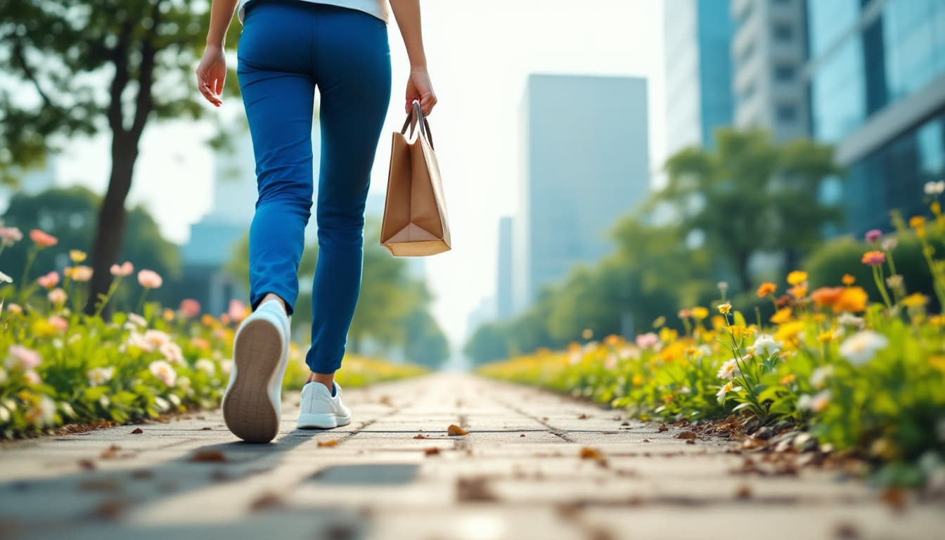 AI generated: Low-angle rear view of a Japanese female worker walking along a flower-lined path toward a modern of...