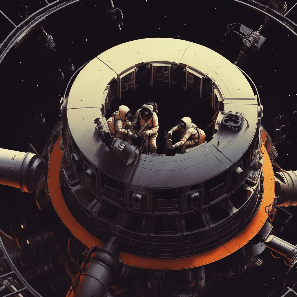 AI generated: spaceship engine repair, astronauts, space, vehicle, perfect composition, beautiful detailed intrica...
