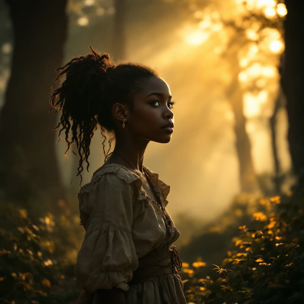AI generated: A young Black girl, barefoot and dressed in tattered 19th-century clothing, stands in a misty, ancie...