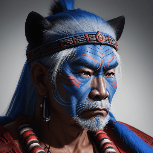 AI generated: portrait photo  of a asia old warrior chief,  tribal panther make up, blue on red, side profile, loo...