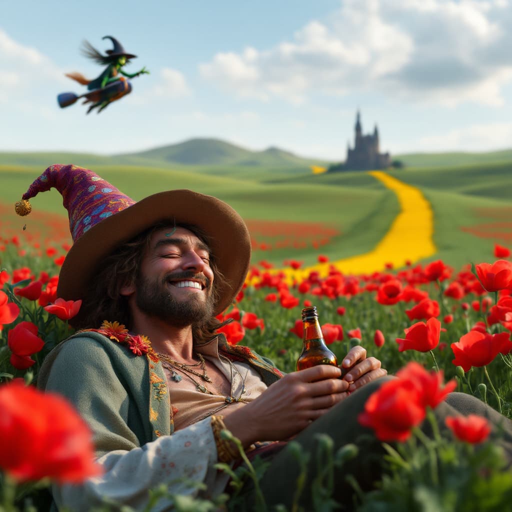 AI generated: a totally wasted  hippie with a dopey grin partly closed eyes is  in a field of poppies laying prone...