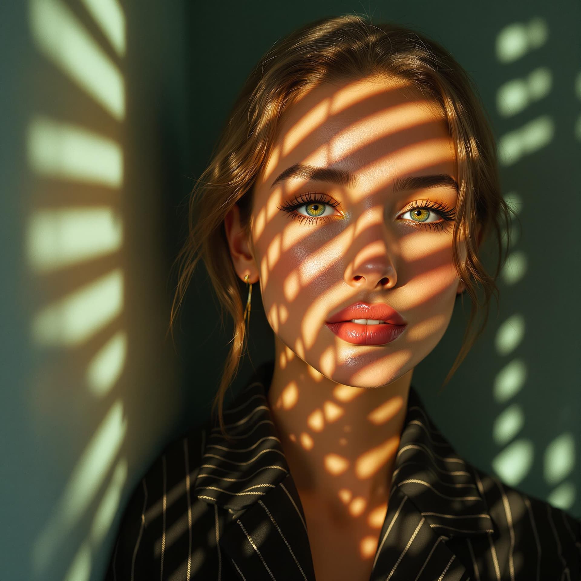 AI generated: A hyperrealistic close-up portrait of a woman bathed in warm, soft afternoon light streaming through...