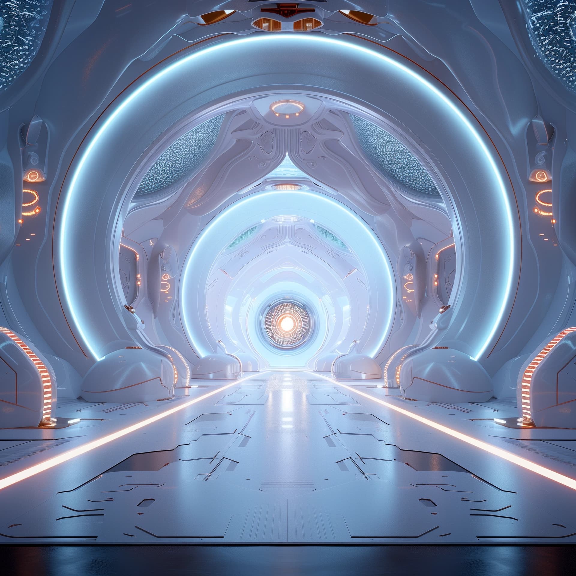 AI generated: Interior of a large cosmic spaceship envisioned through clairvoyance, highly detailed and accurate d...