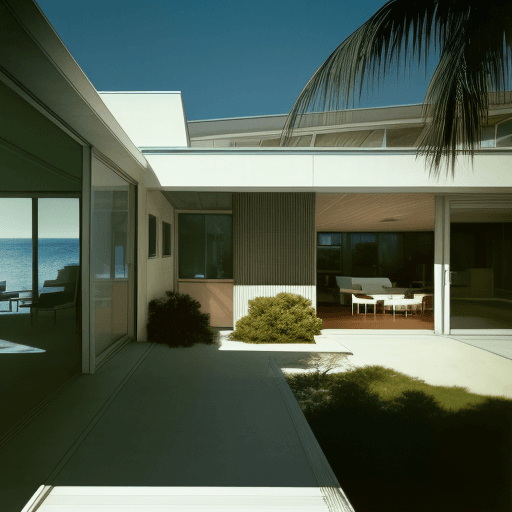 AI generated: Hyper realistic eye level exterior photo of a mid century modern style house overlooking the ocean, ...