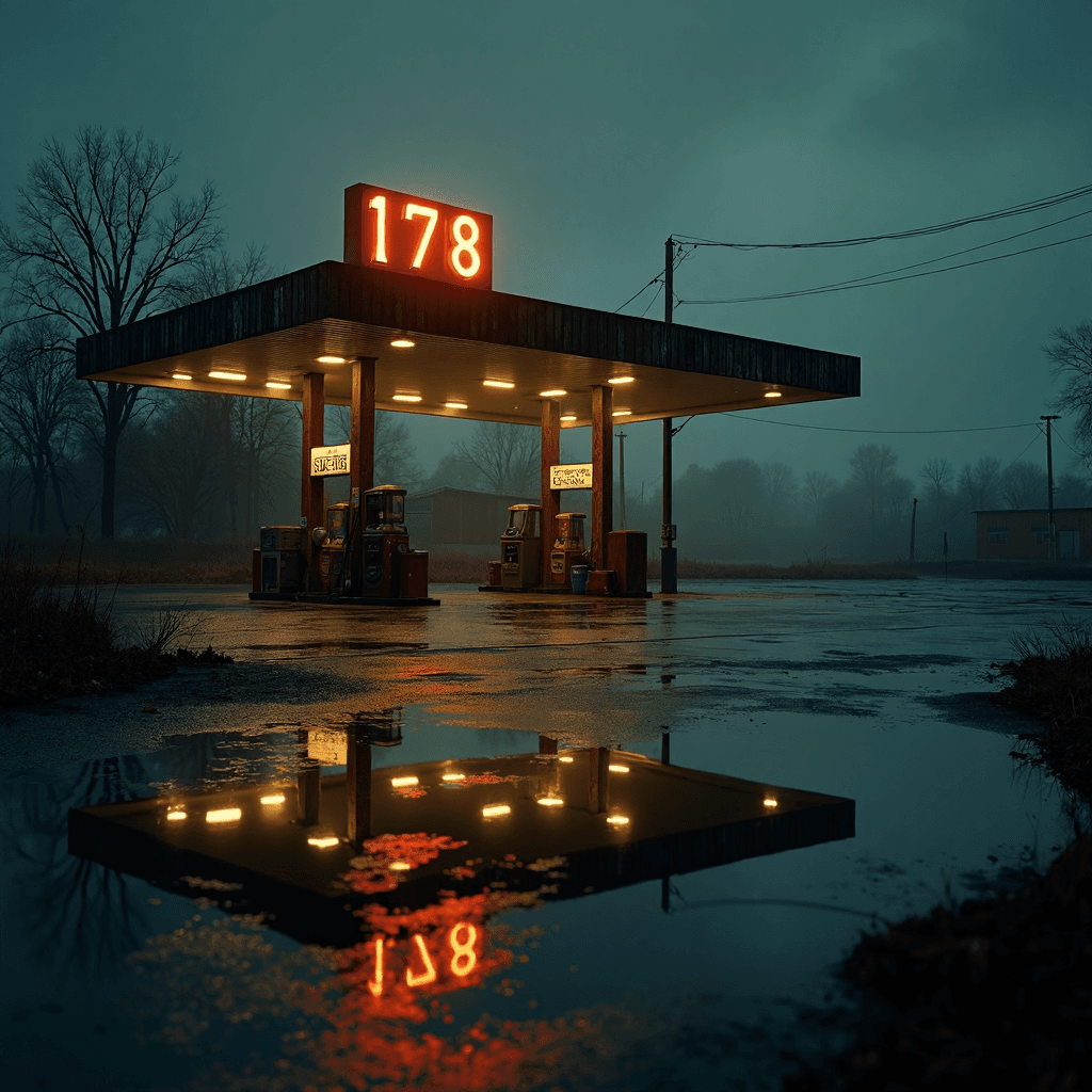 AI generated: dark rainy autumn evening with yellowish sky , in the middle of nowhere lonely gas station with larg...