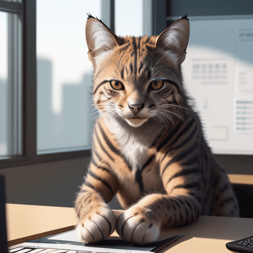 AI generated: Wild cat is working at the office, acting like human, photorealistic, high details, masterpeace, 4k ...