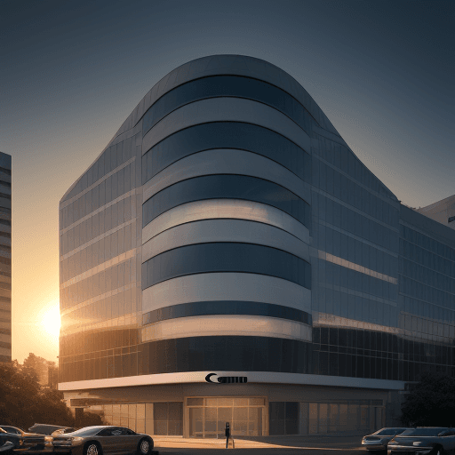AI generated: photorealistic, canon EOS 5d, minimalistic medium scale office building, curved, geometric shaped ou...