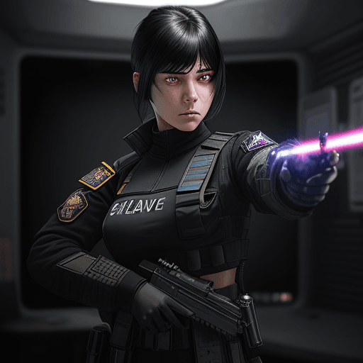 AI generated: A Female Enclave Officer, of age 24, equipped with a tattered Enclave Tech Specialist Uniform, a Glo...