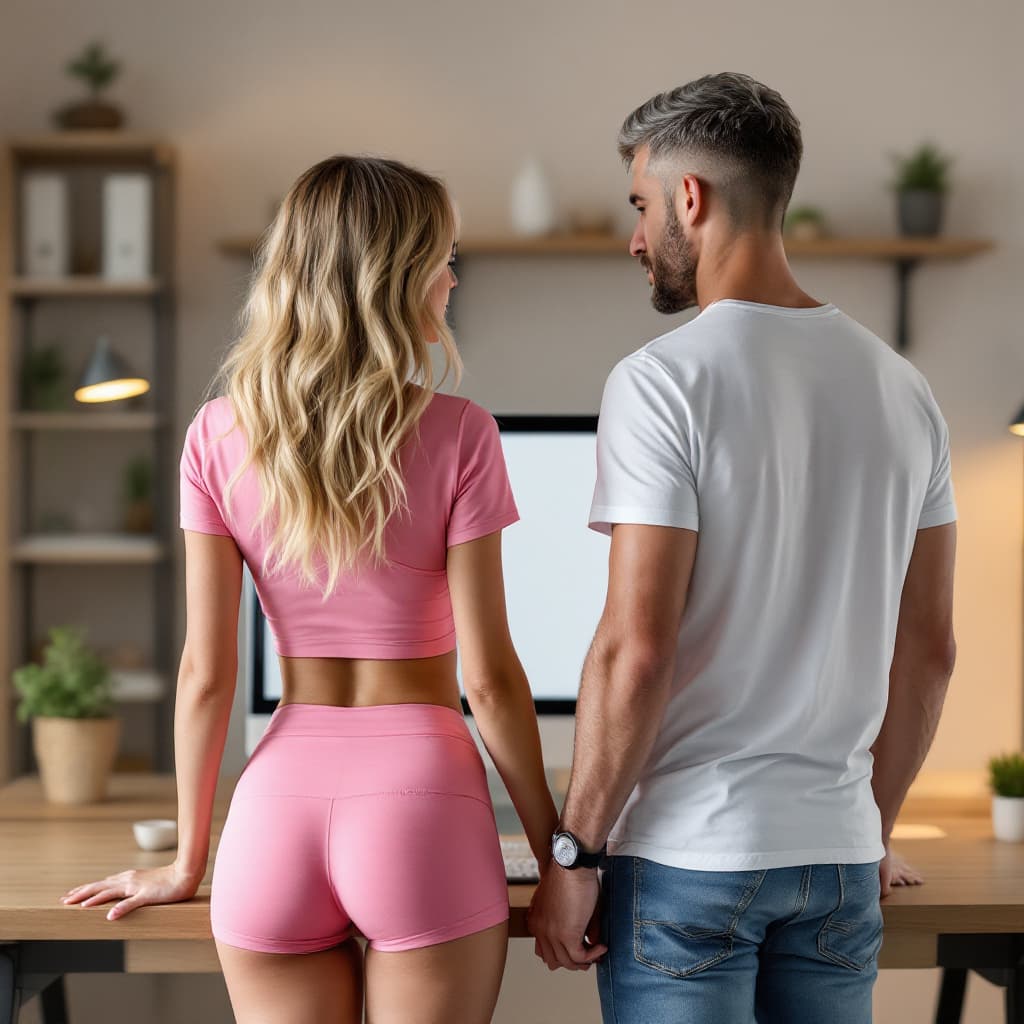 AI generated: View from behind. Ultra realistic photo of a gorgeous couple (Ana and Mike), standing by a wooden de...