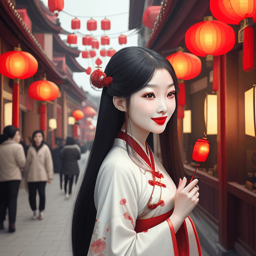 AI generated: realistic beautiful Chinese girl , beautiful eyes long nose+ red lips ,smiling in luxurious Hanfu wa...