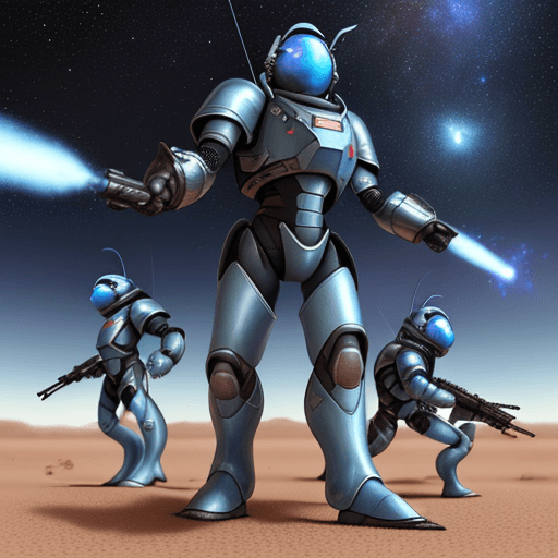 AI generated: army group, blue ant army group with silver armor invasion the planet, gunfire with red ant group, s...