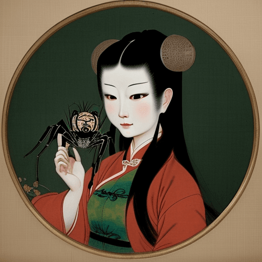 AI generated: 15th century ming dynasty chinese painting of a woman with spider themes. It looks like it could bel...