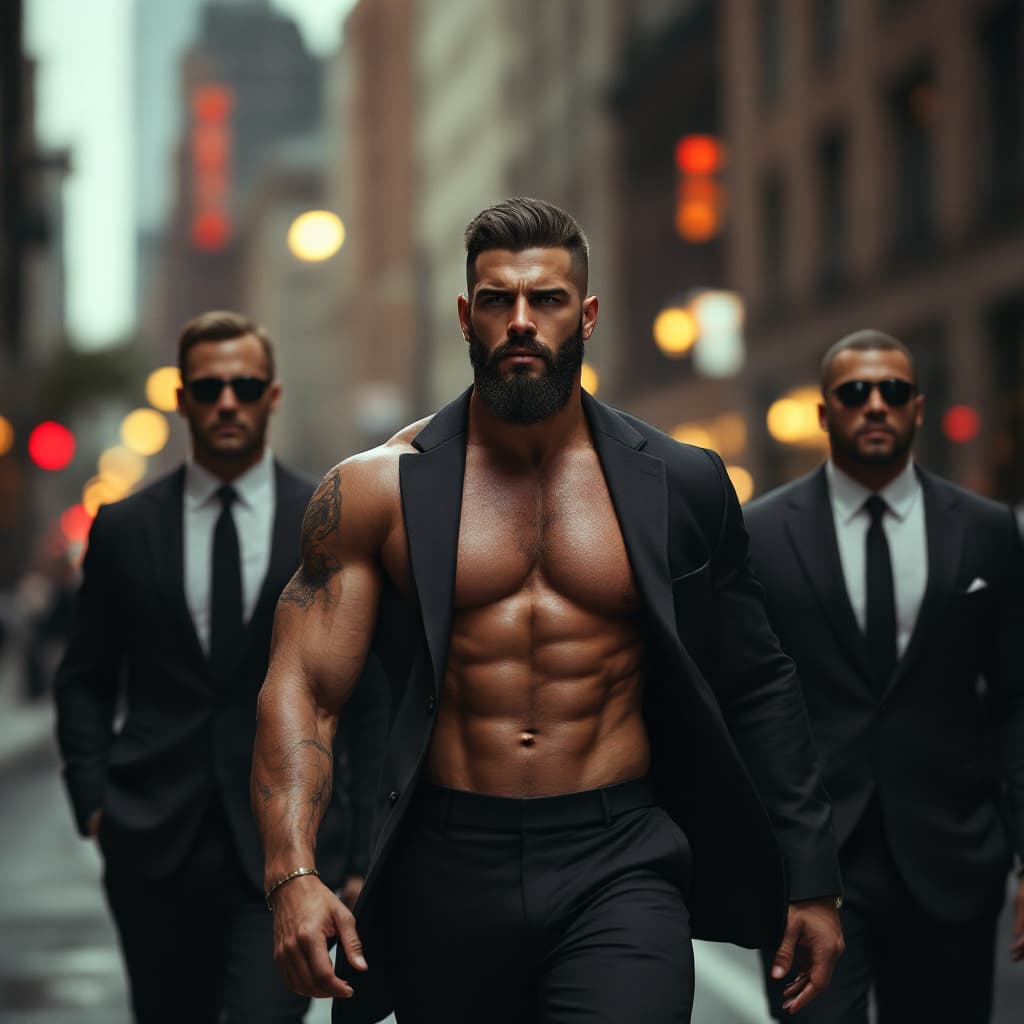 AI generated: A shaved, pumped-up and rich man walks along a wide street, accompanied by two security guards in bu...