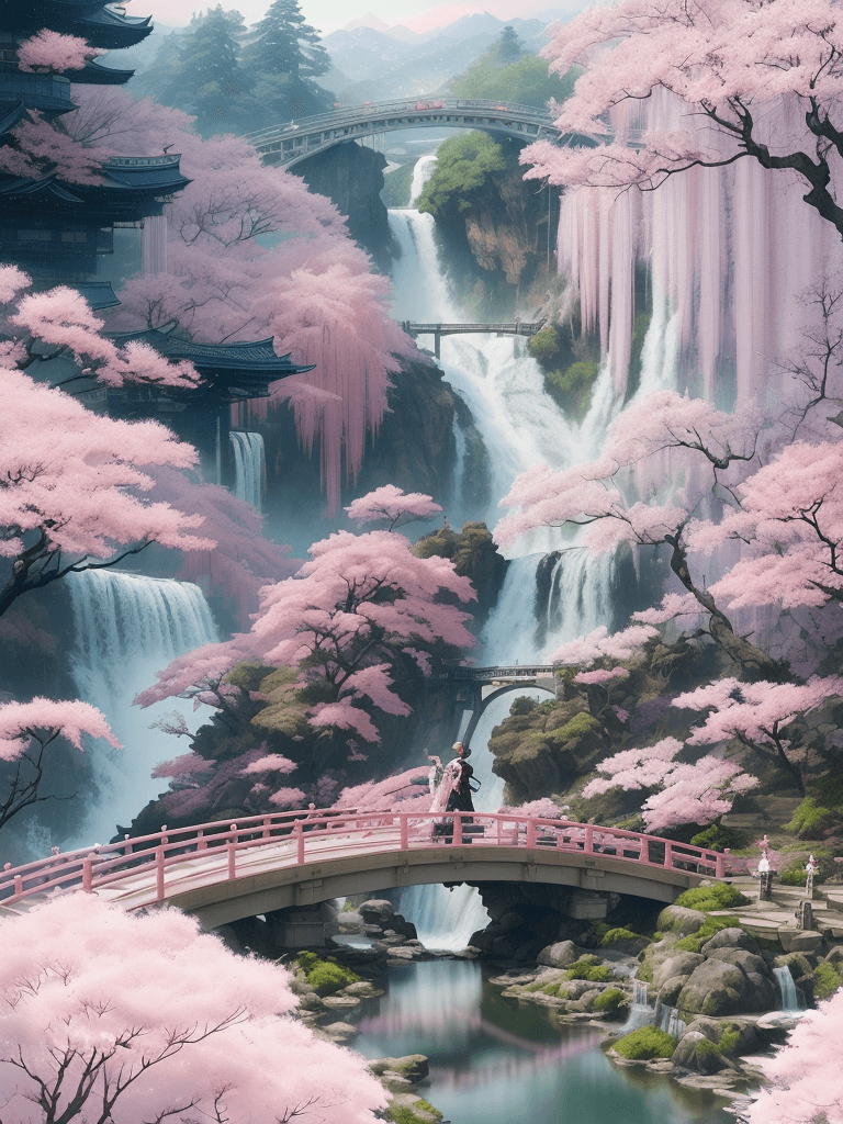 AI generated: long range view, Beautiful Japanese flower garden, elegant bridges, waterfalls, pink and white, by A...
