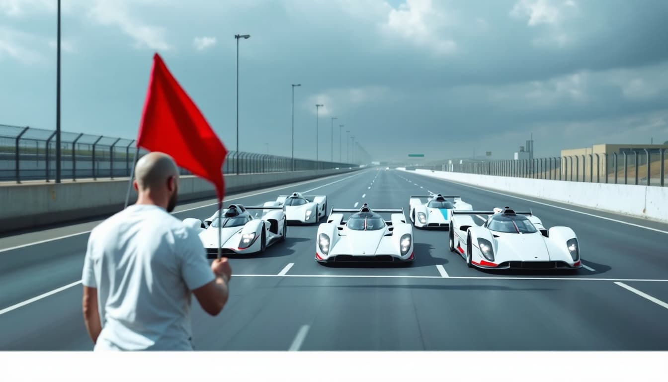 AI generated: There are 5 racing cars at the starting line.  On the side of the highway, behind the cars, there is...