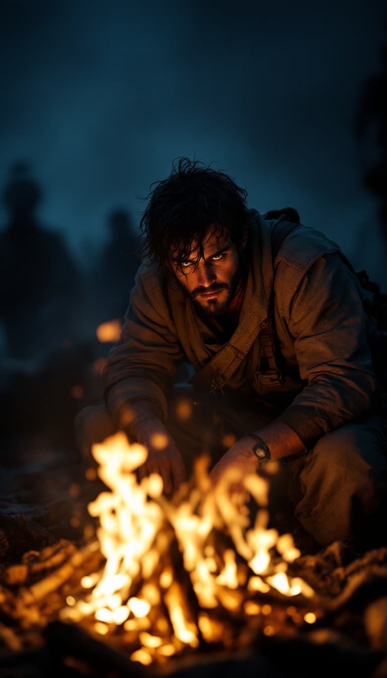 AI generated: Soldier Mateo sitting by a campfire at night, 1817, wearing worn-out military clothing, staring into...