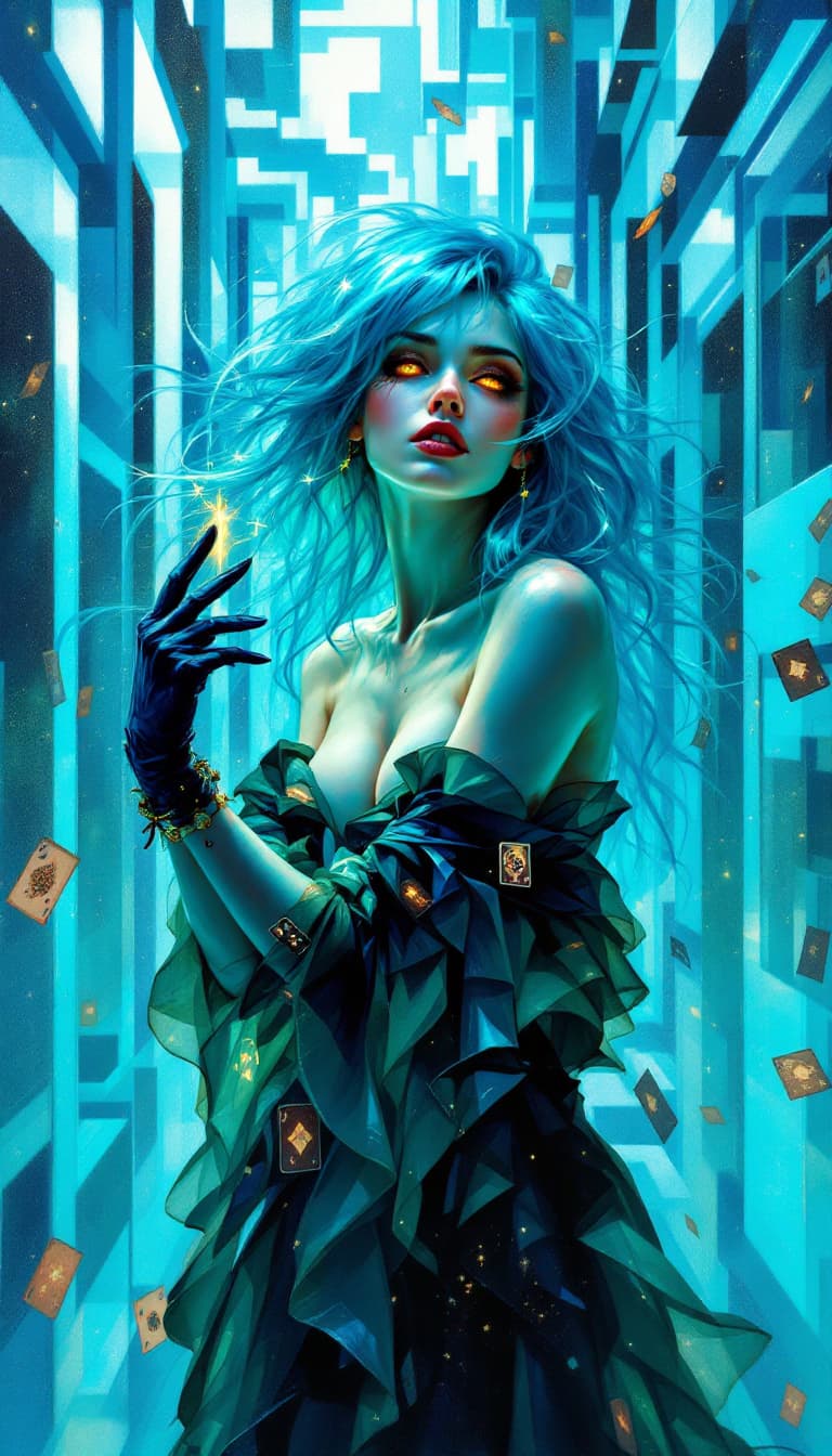 AI generated: "Turquoise Illusionist in a Labyrinth of Light": A compelling abstract painting showcases an illusio...