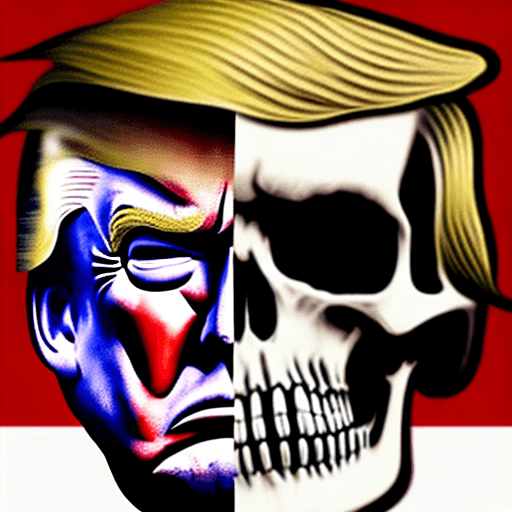 AI generated: image of donald trump with a vicious expression with his face stretched over the surface of a skull ...