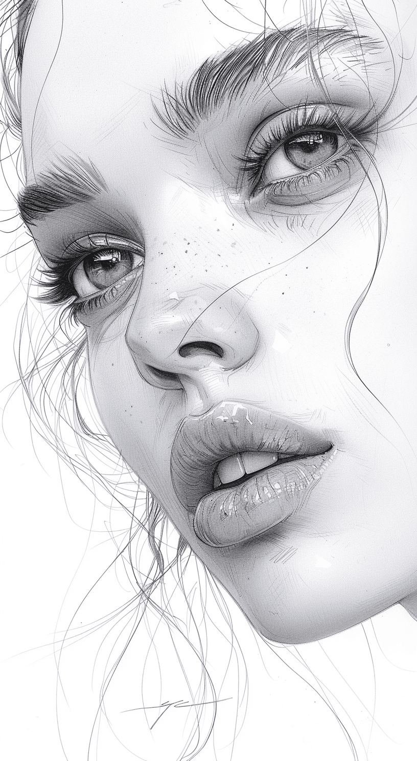 AI generated: sketch of a woman's face, expressive line-work, in the style of beautiful portraits --ar 35:64 --sty...