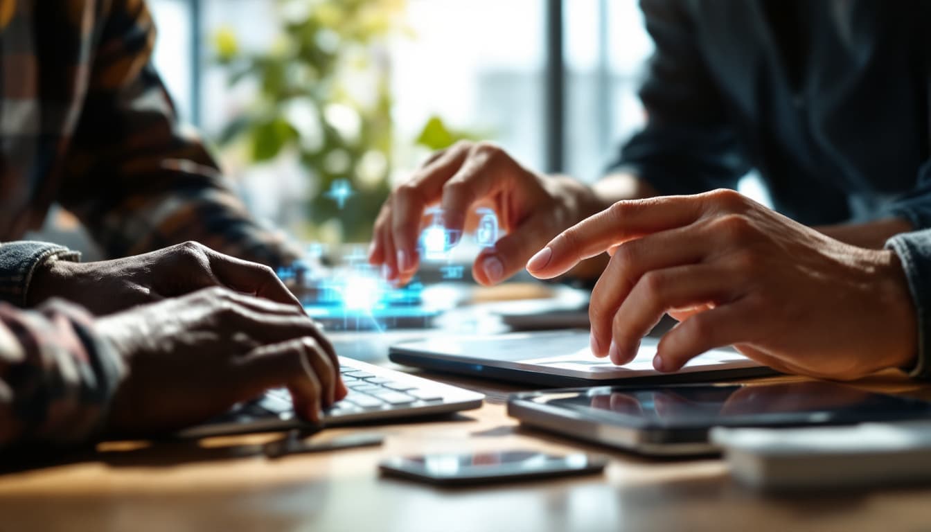 AI generated: `/imagine prompt: Tech startup team presenting new app, focus on hands:
African American developer's...