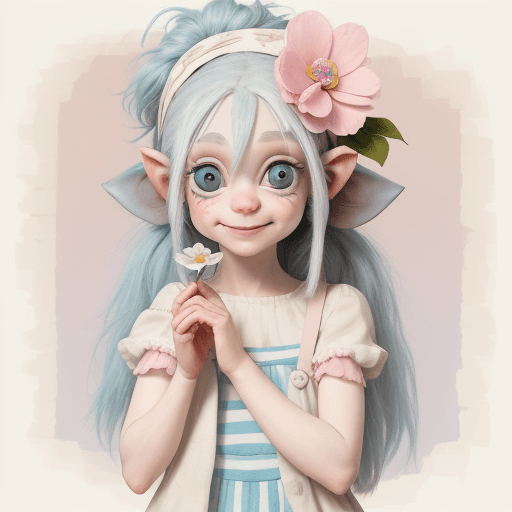 AI generated: A silly little troll girl with long messy pale blue hair, long eyelashes, small nose, cream bandana ...