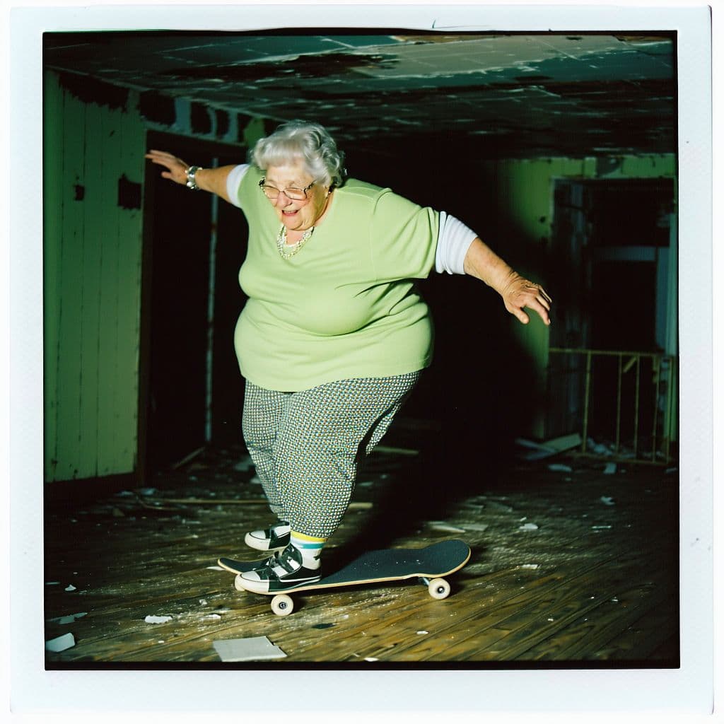 AI generated: impossibly fat skateboarding grandma in an old abandoned house hitting a kickflip, very creepy, aban...