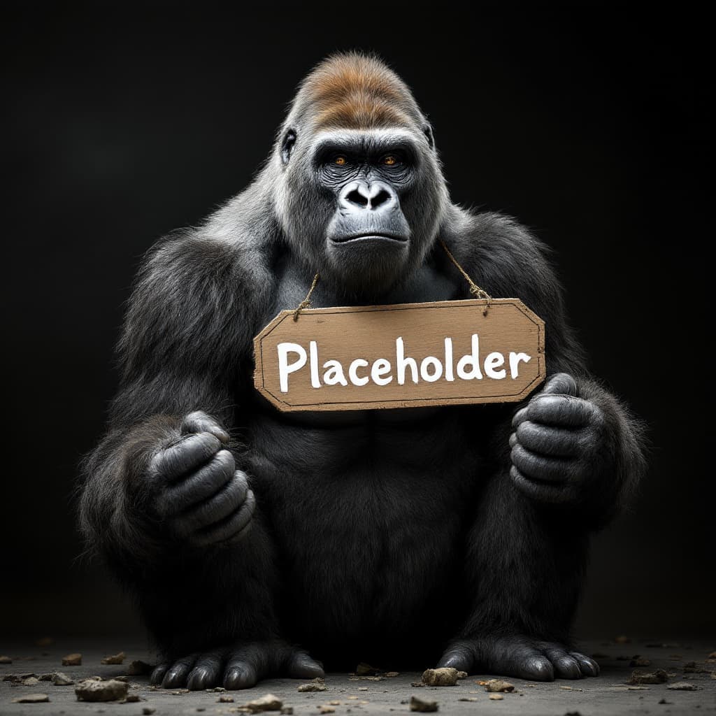 AI generated: An impressive silverback gorilla holding a sign that says "Placeholder"