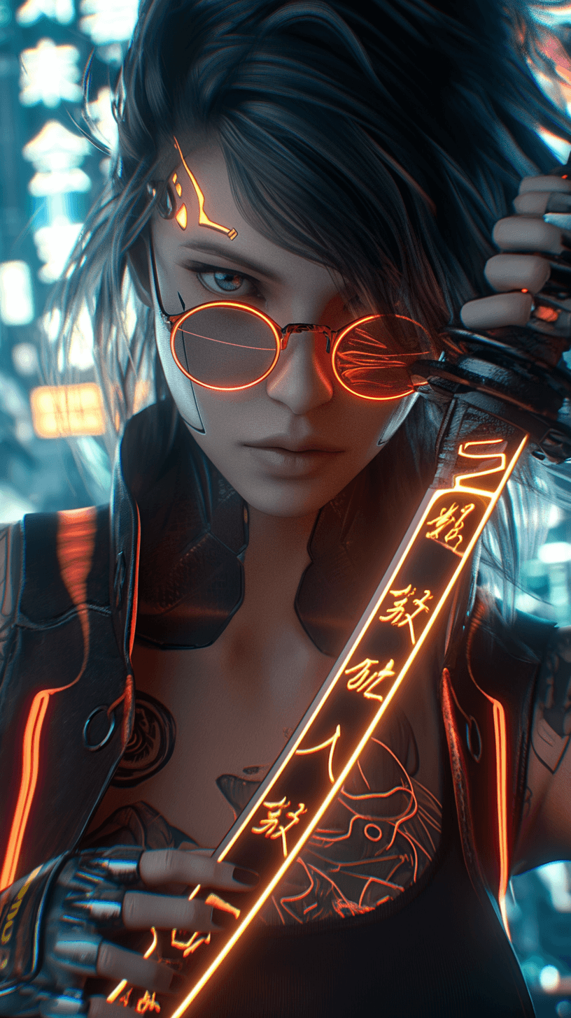 AI generated: Rebellious cyberpunk female ronin with glowing neon tattoos wielding a katana, vintage, medium close...