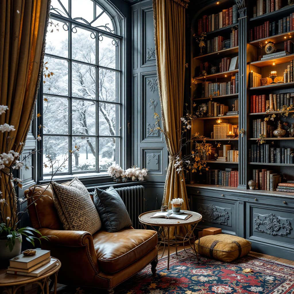 AI generated: photo d'un coin lecture confortable, près d'une grande fenêtre, motif à carreaux, vieille maison, ro...