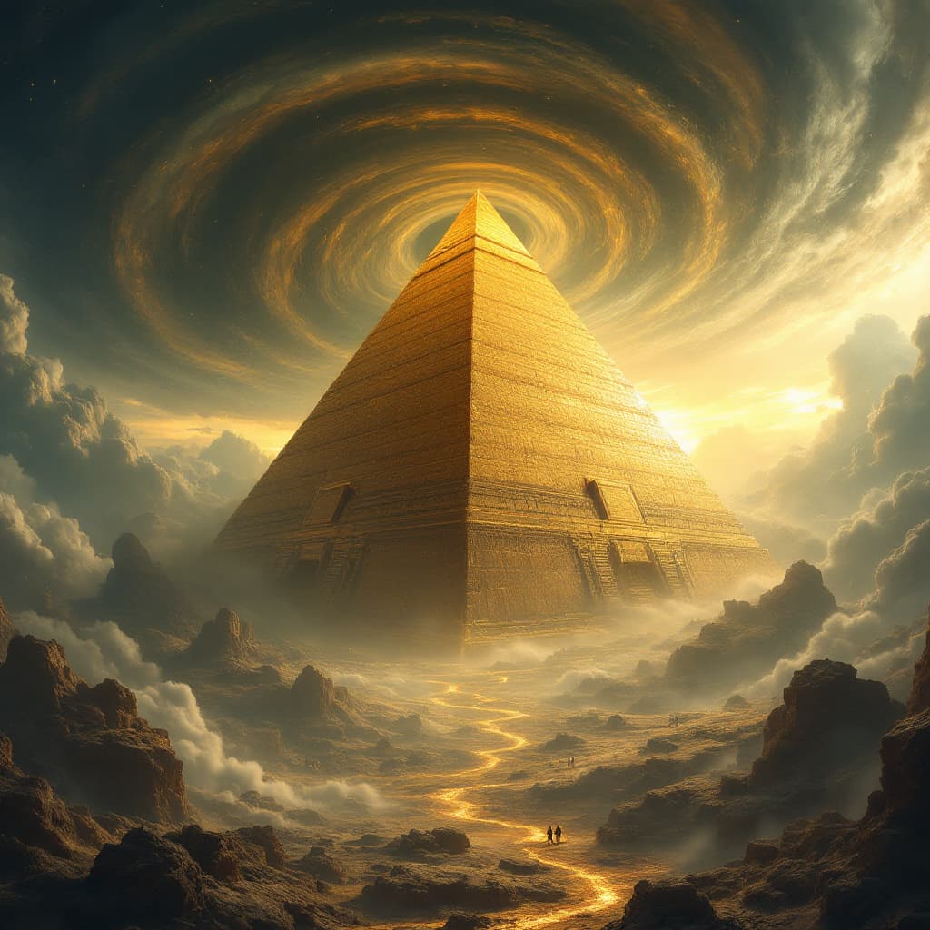 AI generated: 
30.	golden ancient pyramid floating inside an enormous tornado --v 7 --style surreal apocalypse --a...