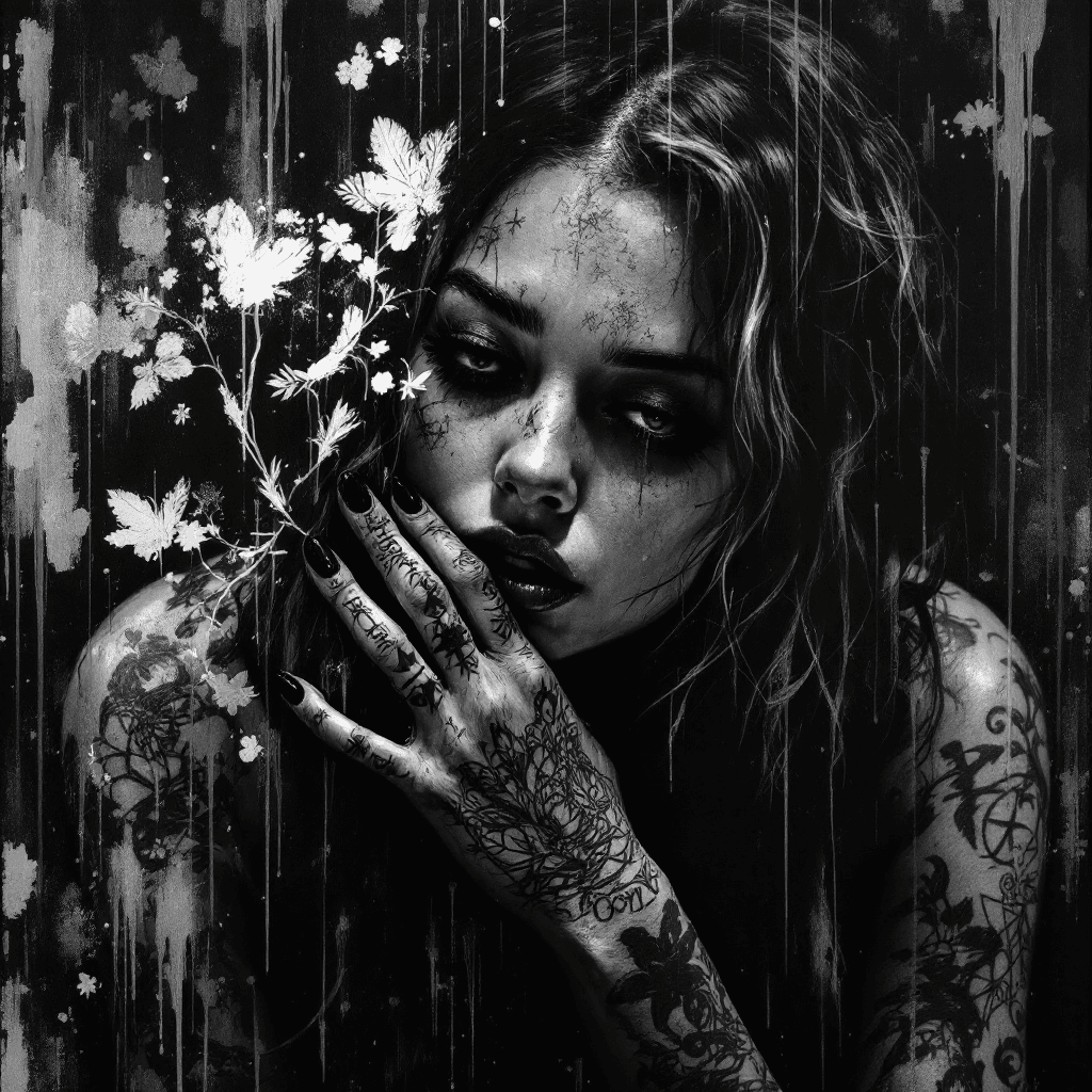 AI generated: movie poster, tattooed woman, half body, character in silver,black background , in the style of Bank...