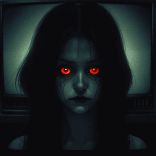 AI generated: girl with spooky glowing eyes closeup, crawling out a tv screen,  vintage tv set like in the movie "...